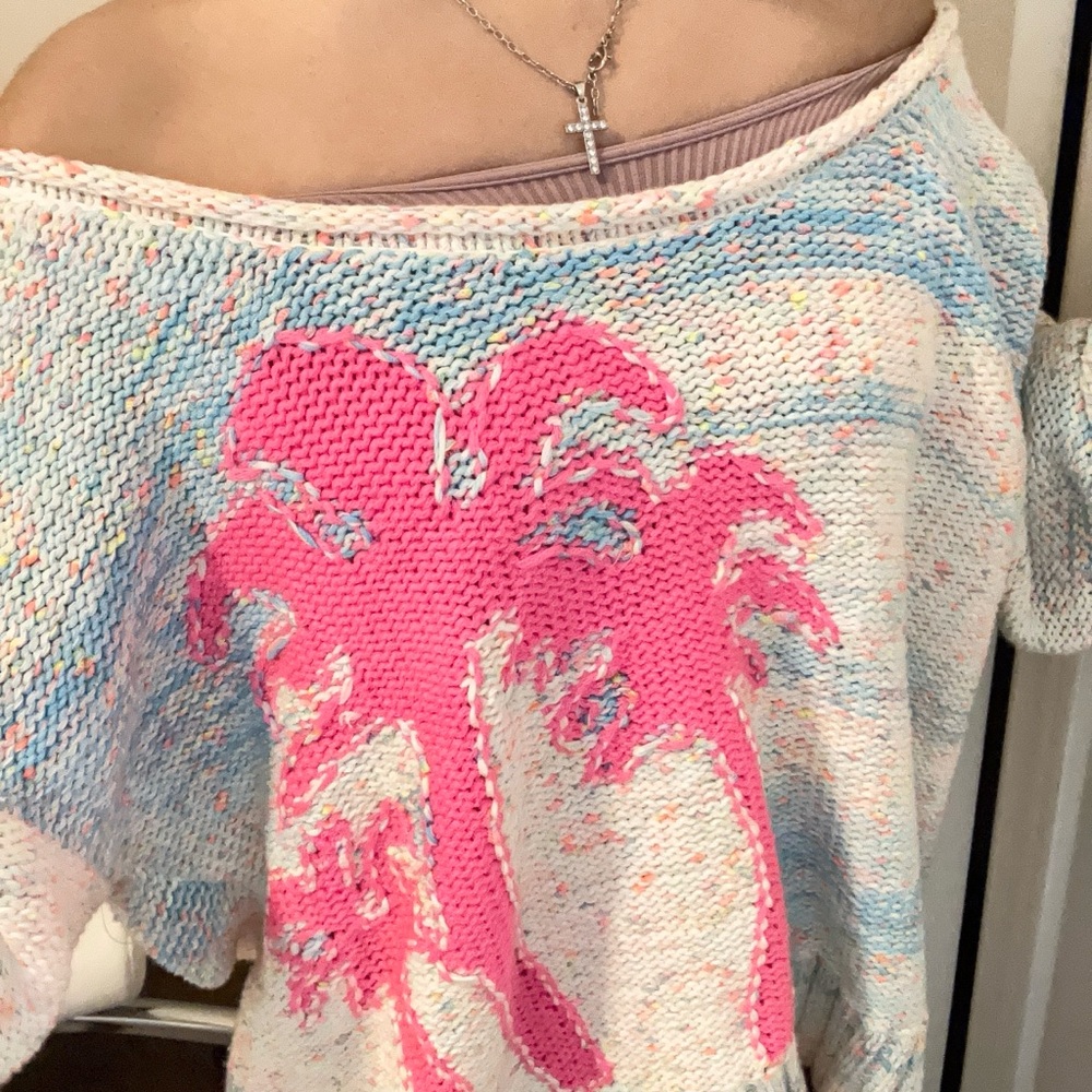 Anthropologie Pink and Blue Off-Shoulder Sweater